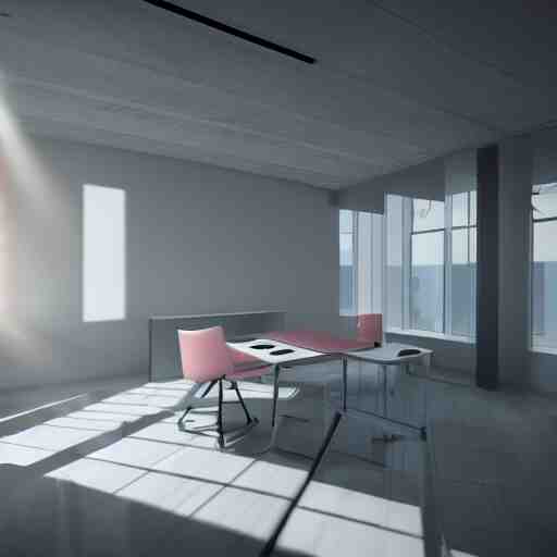 a white empty pink office with sun rays looming down, with a pool inside, dynamic lighting, photorealistic concept art, trending on art station, stunning visuals, creative, cinematic, ultra detailed, ray tracing 