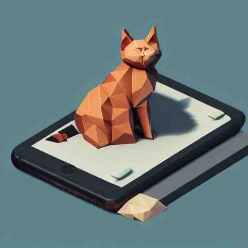 isometric cute low - poly cat using an iphone 