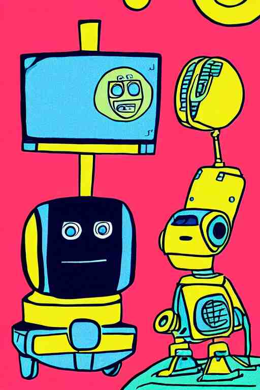 an illustration of robots watching tv in the style of goodnight moon by margaret wise brown 