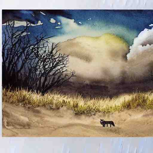 wide portrait of a wolf in a beautiful natural scene. heath, sand dune, dry grass and trees. beautiful light, dramatic clouds. soft colour scheme. beautiful artistic detailed watercolor illustration by lurid ( 2 0 2 2 ). 