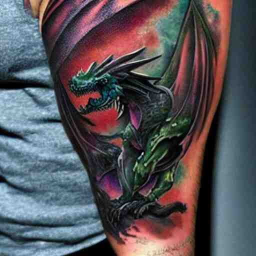 dark and vibrant fantasy dragon!!! drake wyvern, black and emerald dragon!!, forearm tattoo