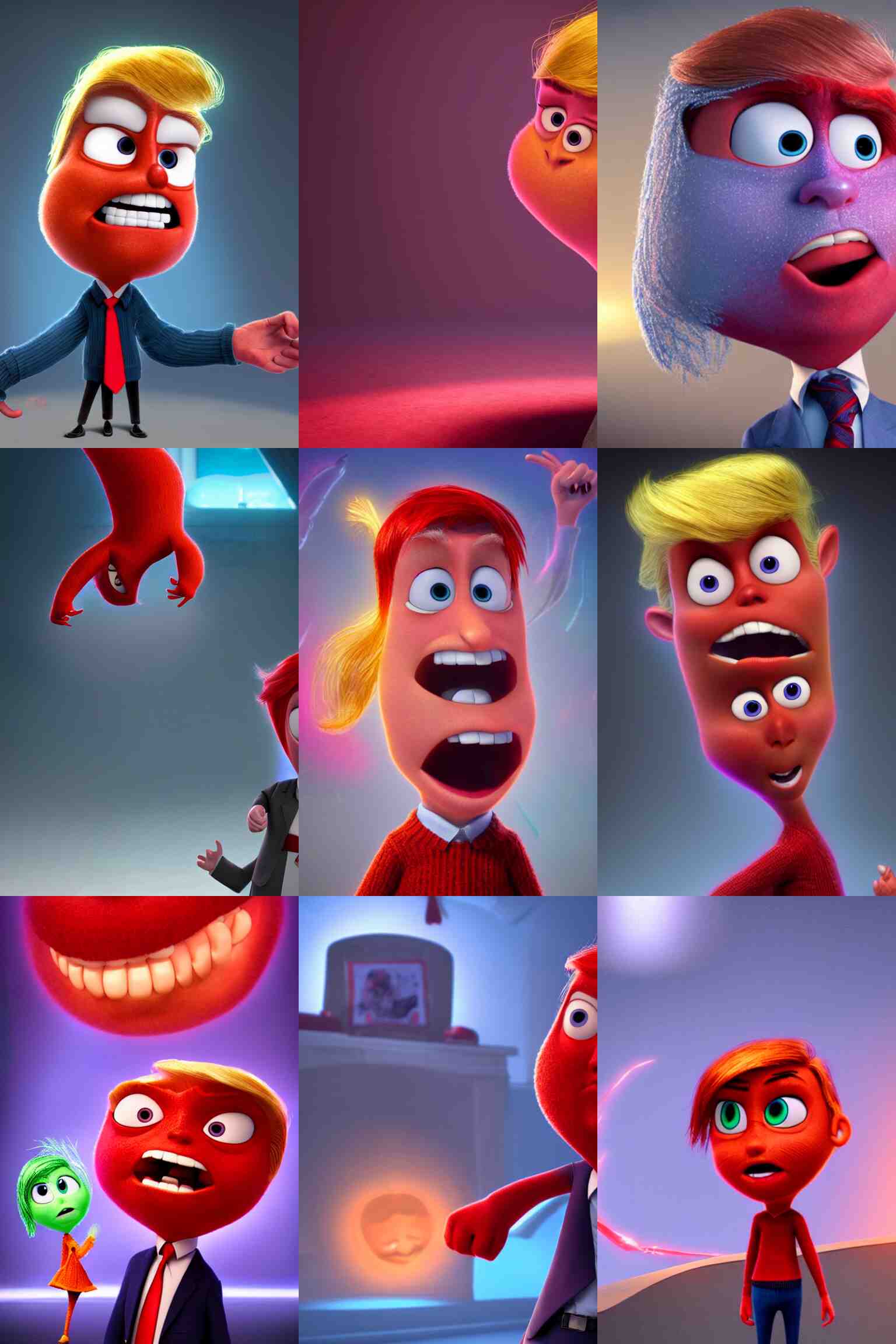 a donald trump as red anger in inside out, mr. nimbus character design, sharp, rendered in unreal engine 5, anime key art by glen keane, ross tran, bloom, dramatic lighting, sunrise 
