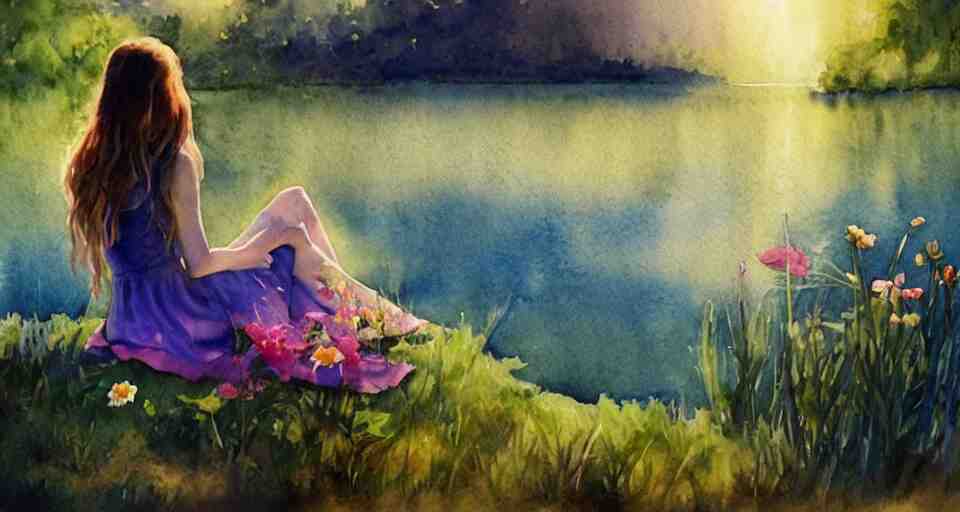 watercolor painting of flowers by the lake, dramatic lighting, peaceful, girl sitting, 