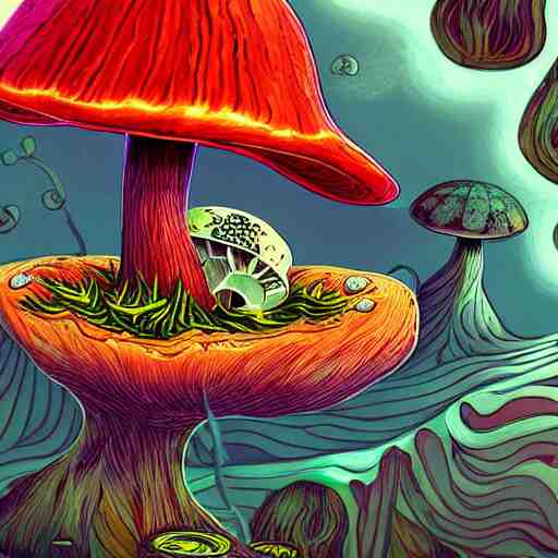 trippy angry mushroom eat a meat, acrilic paint, digital, artstation, detailed intricate ink illustration, heavenly atmosphere, digital art, overdetailed art, concept art, complementing colors, trending on artstation, cgstudio, the most beautiful image ever created, dramatic, subtle, details, award winning artwork, beautiful scenery 