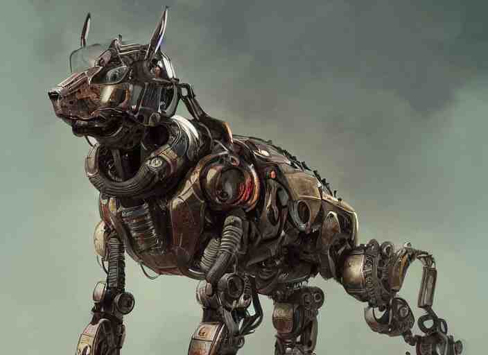 detailed full body concept art illustration oil painting of a robotic animal with intricate fur and armor, ultra detailed, digital art, octane render, dystopian, zero dawn, 4k