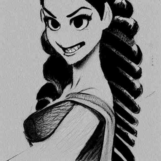 milt kahl sketch of victoria justice with done up hair, tendrils and ponytail as princess padme from star wars episode 3