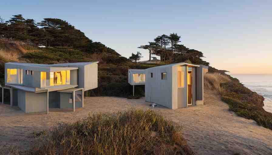 An architectural rending of an eco-community neighborhood of innovative contemporary 3D printed sea ranch style cabins with rounded corners and angles, beveled edges, made of cement and concrete, organic architecture, on the California coastline with side walks, parks and public space , Designed by Gucci and Wes Anderson, golden hour