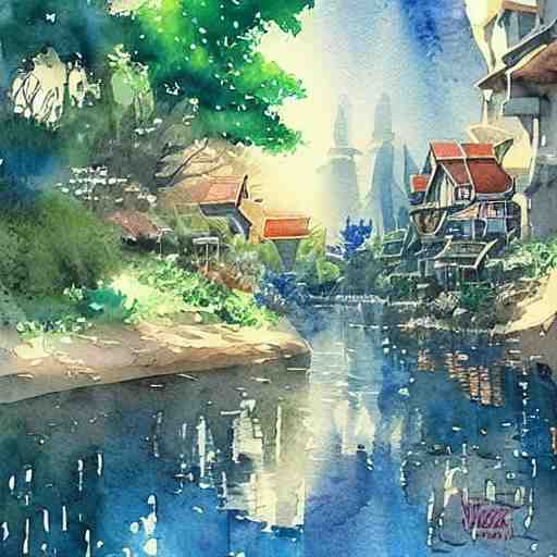 Beautiful happy picturesque charming sci-fi town in harmony with nature. Beautiful light. Water and plants. Nice colour scheme, soft warm colour. Beautiful detailed artistic watercolor by Vincent. (2022)