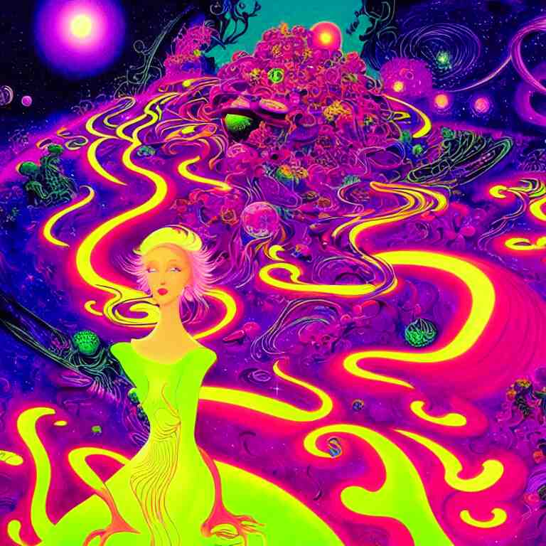 cosmic girl, infinite fractal dimensions, bright neon colors, highly detailed, cinematic, eyvind earle, tim white, philippe druillet, roger dean, lisa frank, aubrey beardsley 