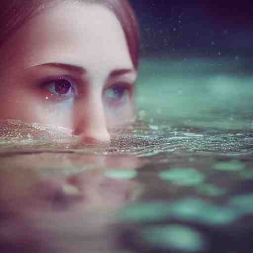 pale face lying under the water, water lilys, cinematic, shallow depth of field, atmospheric, ultra high detail, somber colors, close up of face, trending on artstation 