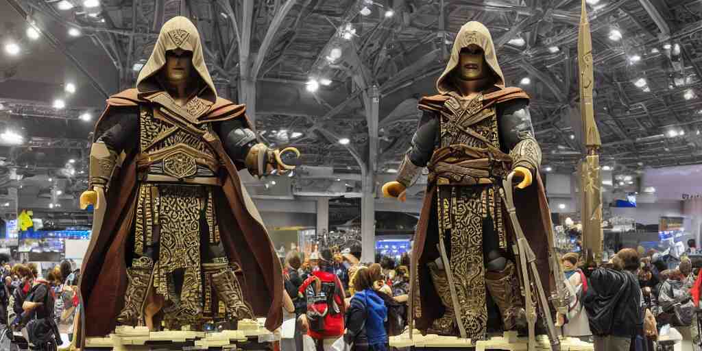 wide shot lens photo of a very intricately detailed and epically shaped 2. 5 meter tall assassin creed lego statue designed by a master builder as displayed at a lego convention, low angle shot. 