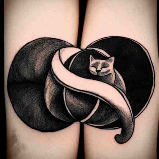 two cats holding each other's tail, yin yang circle design, tattoo design, ink drawing, designed by Kamiel Proost