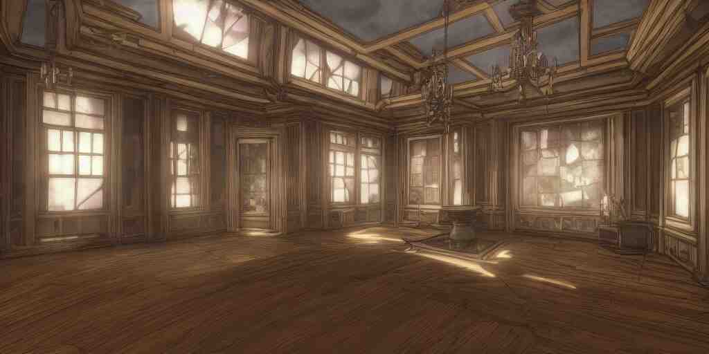 kingdom hearts twilight town mansion interior, nostalgic abandoned, sunlight streaming through the windows 