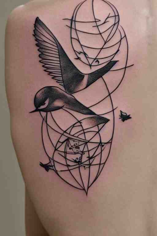 a beautiful tattoo design of minimalist swallows flying into spherical lines and simple basic shapes, black ink, abstract logo, line art 