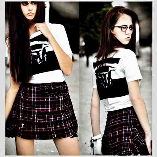 female model teenage goth photography plaid mini skirt band shirt beautiful face, dramatic light darkroom 