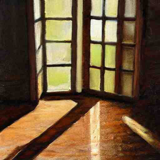 oil painting of mostly empty cottage interior, one small window with sunlight shining onto the floor. artistic. cozy. wooden floor. rustic. 