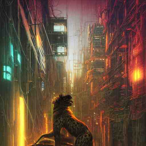 cyberpunk dystopian cyborg hyena, wires and glowing lights, beksinski style, realism 