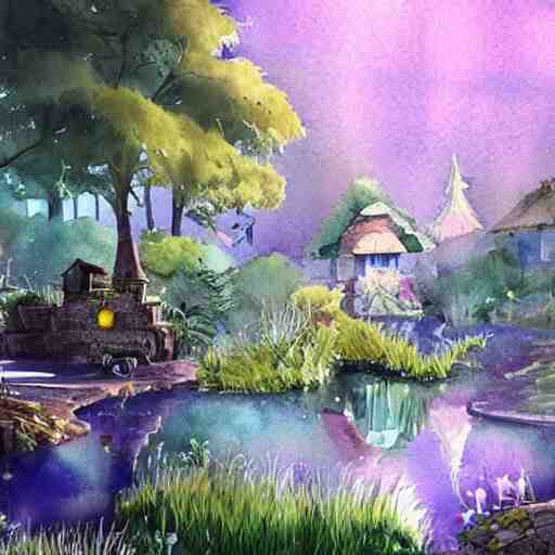 Beautiful happy picturesque charming sci-fi village in harmony with nature. Beautiful light. Water and plants. Nice colour scheme, soft warm colour. Beautiful detailed watercolor by Lurid. (2022)