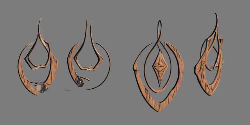 earring design, jewelry design, wood, nordic, art deco, intricate, elegant, material, product design, trending on artstation, cgsociety, photo realistic, design by ziva cph and isabel lennse and kalevala, 8 k, unreal engine, c 4 d 