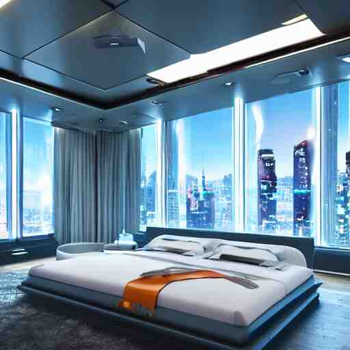 a futuristic luxury white bedroom with ceiling high windows looking out to a cyberpunk cityscape with flying cars, night time, neon lights, cinematic 3d render