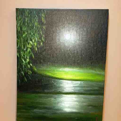 a painting of rain in a garden at night 