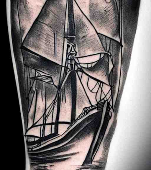 A realistic tattoo design sketch of a pirate ship, paper background, black and white tattoo, highly detailed tattoo, shaded tattoo, hyper-realistic tattoo