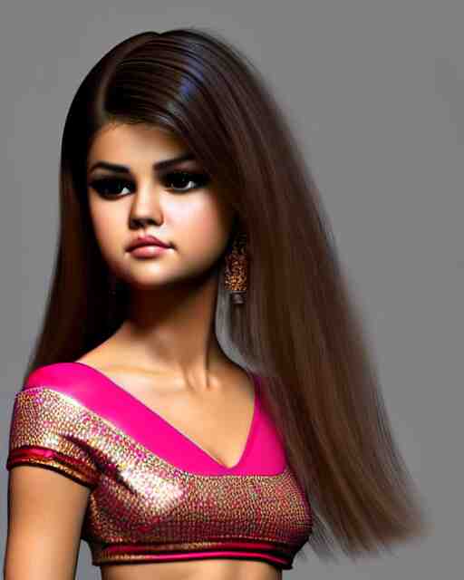 a beautiful selena gomez wearing modern stylish costume in the style of Assamese bihu mekhela sador gamosa design, commercial fashion design art by Chie Yoshii, face by artgerm and daz3d genesis iray, cinematic lighting, medium shot, mid-shot, slim female figure ramp walk model pose, highly detailed, trending on Artstation, Unreal Engine 4k, cinema 4d multi-pass ray traced, 8k fabric texture details, octane render, diffused natural skin glow