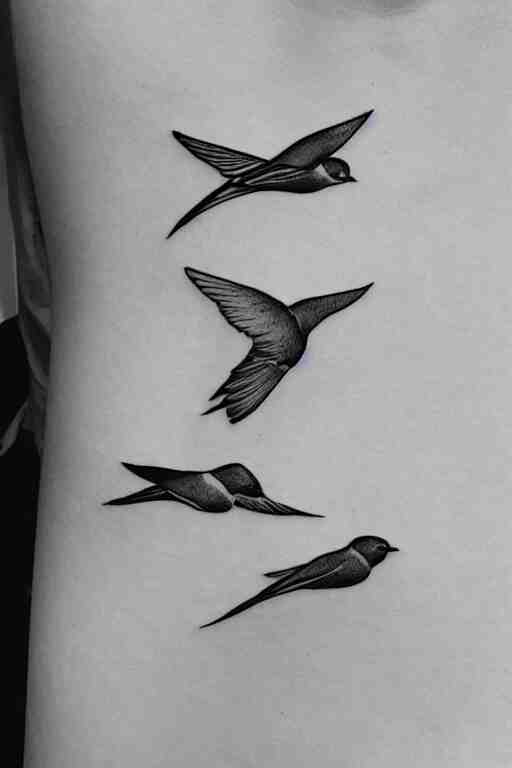 a beautiful swallow tattoo design of minimalist swallows flying into spherical lines and simple basic shapes, black ink, abstract logo, line art 