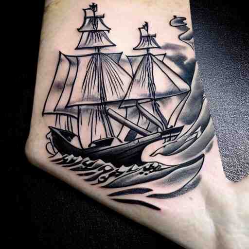 a pirate ship sailing in the sea, realism tattoo design, amazing shades, clean white paper background, in the style of david vega