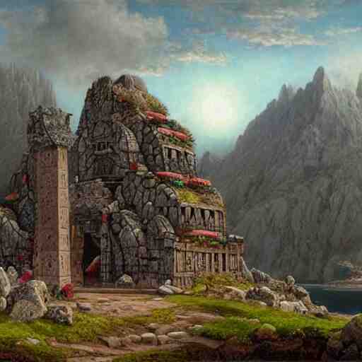 a beautiful and highly detailed matte painting of a colorful yet humble viking temple and fort built of large stones in the distance high in the most epic mountains ever, intricate details, epic scale, insanely complex, 8 k, sharp focus, hyperrealism, very realistic, by caspar friedrich, greg rutowski, james gurney, hudson river school 