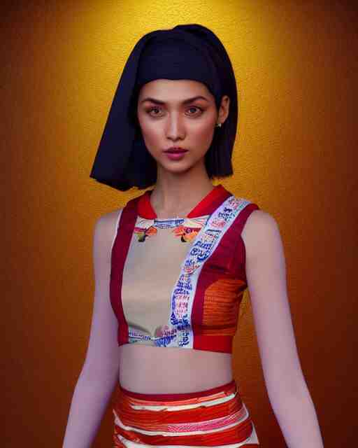 a beautiful cute girl wearing modern stylish costume in the style of Assamese bihu mekhela sador gamosa design, commercial fashion design art by Victor Nizovtsev, face by artgerm and daz3d genesis iray, cinematic lightning, medium shot, mid-shot, slim female figure ramp walk model pose, highly detailed, trending on Artstation, Unreal Engine 4k, cinema 4d ray traced, octane render, cinematic wallpaper