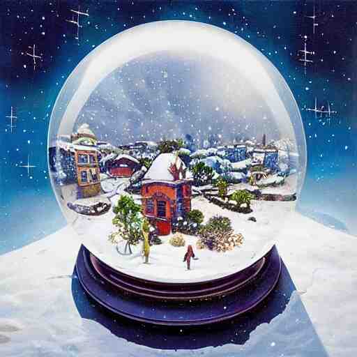 “ depiction of the beginning of the universe inside a snow globe, surreal, award winning, highly detailed, style by mark rogers, paul bonner, oil on canvas. ” 