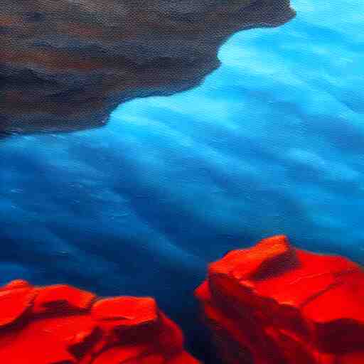 A gorgeous detailed oil painting of a red sea covered in big blue rocks, the further away the mistier it gets, dark aesthetic, atmospheric, moody, highly detailed, masterpiece, award winning, 4k