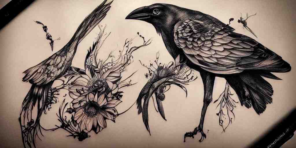 realistic tattoo designs drawn on paper, dark crow, cry, scream, golden, goddess, delicate, hyper realism, tim burton, ink, ultra realistic, 8 k 