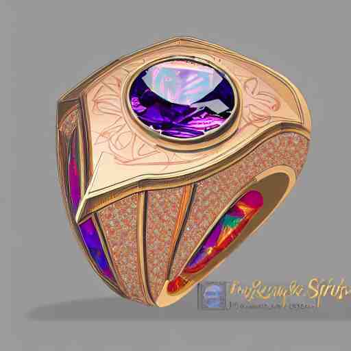 sketch of four points of view of a complex ring with a complex cameo ornament of a panther, technical sketch, rose gold, gems, high coloration, ambient lightning, highly detailed, 8 k 