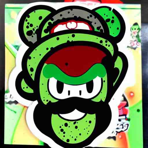 die cut sticker, yoshi wearing mario's mustache, splatter paint 