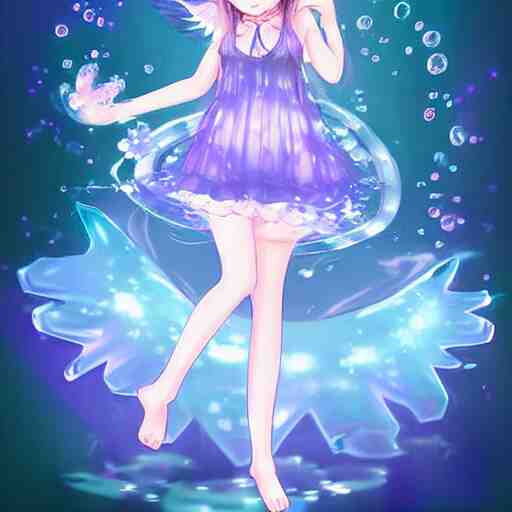 advanced digital art a very cute anime girl wearing a dress made of water turning into mist standing in a crystal lake full body WLOP RossDraws Totorl Sakimimichan