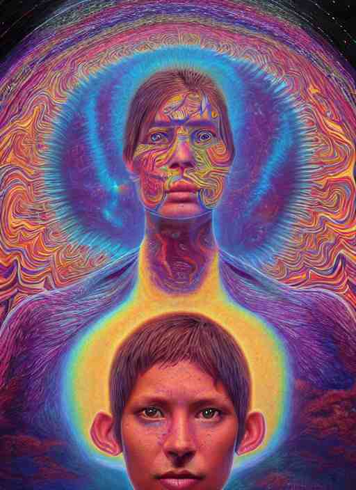 portrait ultra dimensional indigenous native, accidentally tripping on dmt and acid, psychedelic experience, overwhelming psychosis of self realization and burning awakening, ultra high definition, unreal engine 5, hyperrealism, masterpiece composition, by casey weldon, barclay shaw 