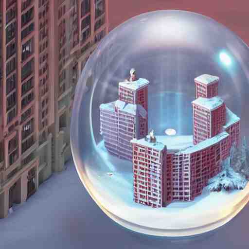 a snow globe with a soviet apartment building in it, rending on cgsociety, retrofuturism, tesseract, isometric, physically based rendering, 1 9 9 0's 