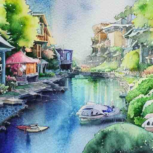 Beautiful happy picturesque charming sci-fi town in harmony with nature. Beautiful light. Water and plants. Nice colour scheme, soft warm colour. Beautiful detailed artistic watercolor by Vincent. (2060)