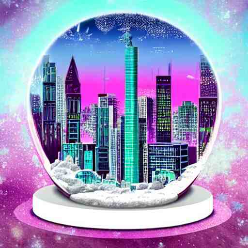 snowglobe of a lofi vaporwave city