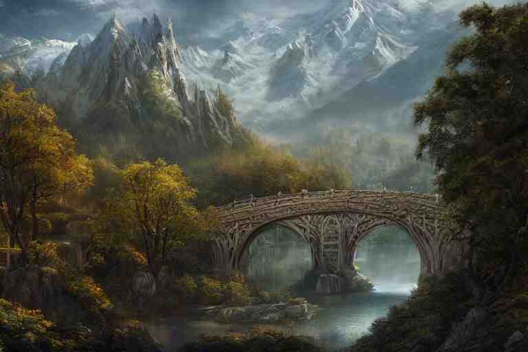 rivendell from lord of the rings matte painting by yanick dusseault and dylan cole, artstation, 4 k, insanely detailed, 