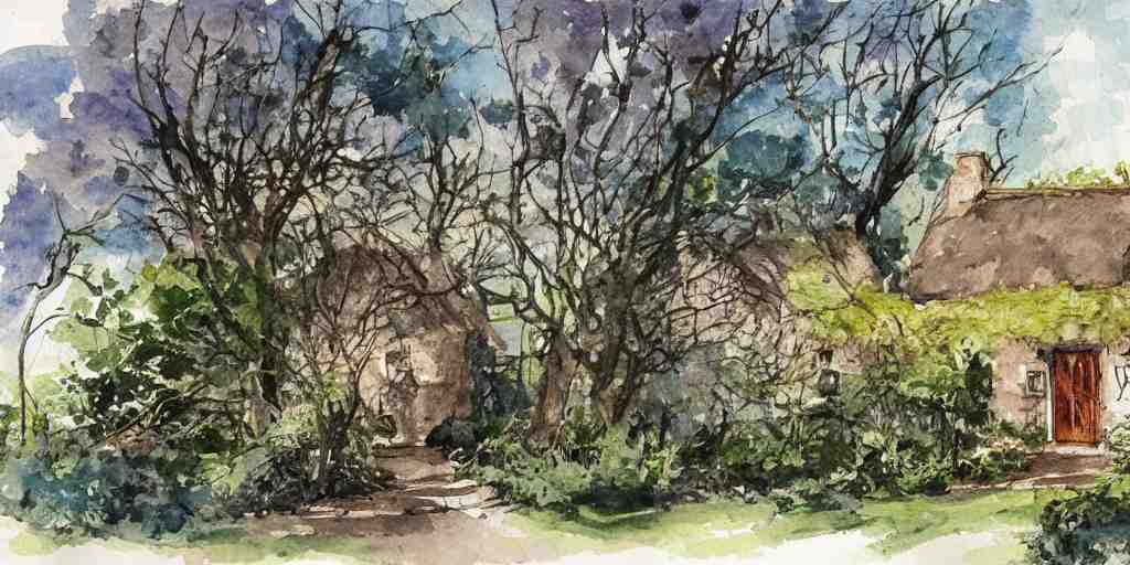 old thatched cottage with a front garden among the trees, watercolor 