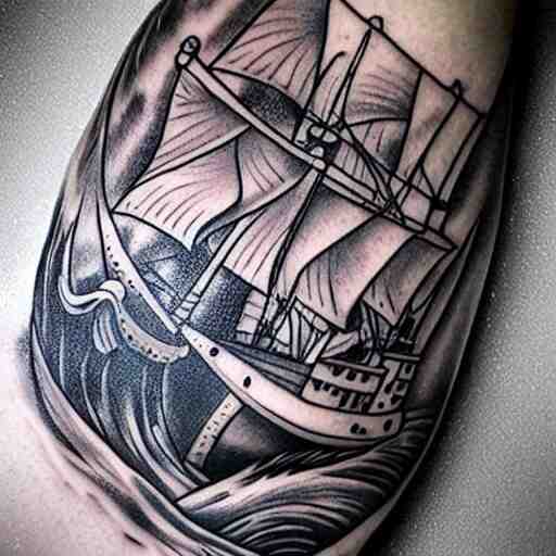 A magical pirate ship tattoo design on white background, hyper realistic shaded tattoo, award winning tattoo