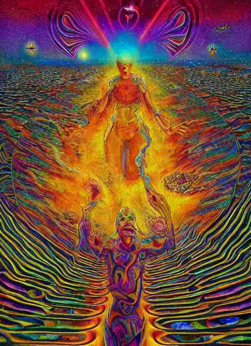 incredible ultra dimensional psychedelic experience time, while tripping on dmt, energy waves, trippy melting eyes, overwhelming psychosis of self - realization and burning awakening, masterpiece composition, by barclay shaw, louis dyer, pablo amaringo 