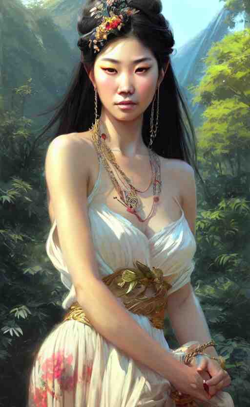 a beautiful taiwan goddess with sundress with jewelry | | winter, realistic shaded, unpleasant face, good looking, fine details, realistic shaded lighting poster by greg rutkowski, magali villeneuve, artgerm, jeremy lipkin and michael garmash and macoto takahashi 