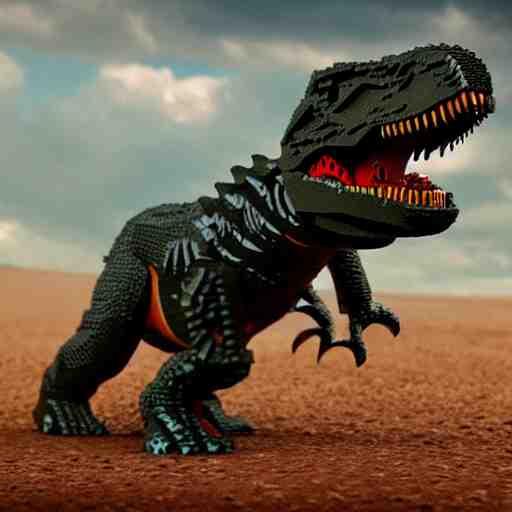 photo of a T-Rex made of Lego, cinematic drama scene, scary 8k