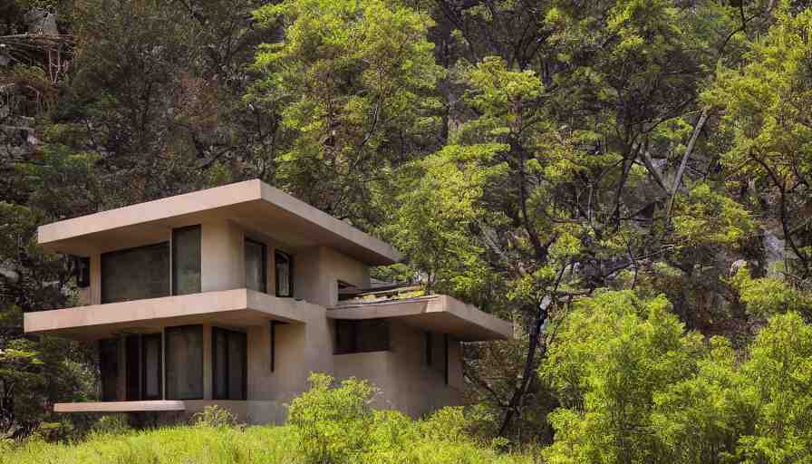 small modern house, tibetan inspired architecture, on a green hill between trees and big boulders, frank lloyd wright, photorealistic, cyberpunk 