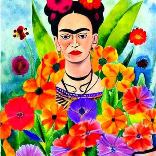 painting of colorful wild flowers frida kahlo style in Watercolor