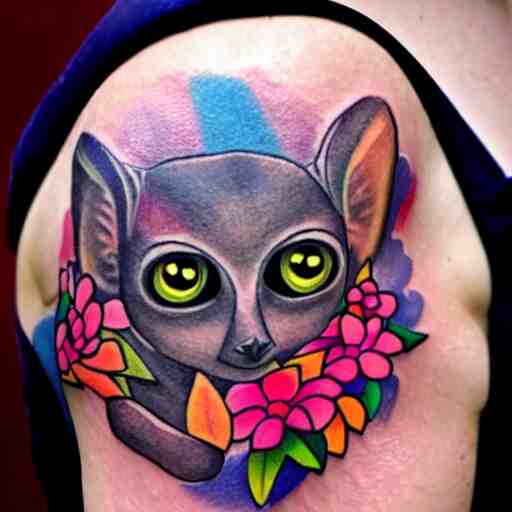 shoulder tattoo of a multicolored trippy dancing bushbaby with rainbow colored spiral eyes, surrounded by colorful flowers 